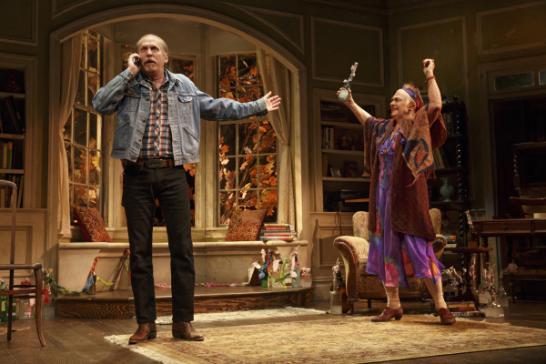 Chris (Stephen Spinella) argues with his siblings while his mother, Alexandra (Estelle Parsons), precariously waves a Molotov cocktail in the air in The Velocity of Autumn.