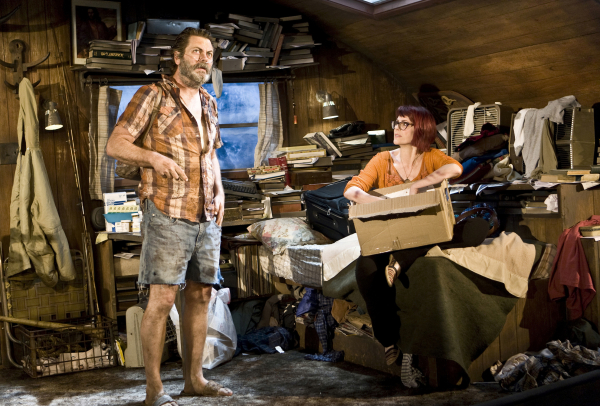 Nick Offerman and Megan Mullally inhabit a very messy trailer in The New Group&#39;s production of Sharr White&#39;s Annapurna, directed by Bart DeLorenzo, at the Acorn Theatre. 