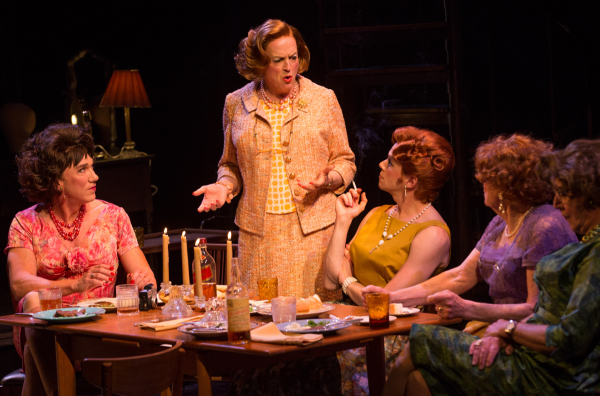 Patrick Page as Valentina, Reed Birney as Charlotte, Nick Westrate as Gloria, John Cullum as Terry, and Larry Pine as Amy in Harvey Fierstein&#39;s Casa Valentina, directed by Joe Mantello, at the Samuel J. Friedman Theatre.