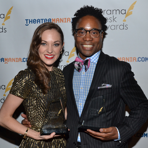 Laura Osnes and Billy Porter pose with their 2013 Drama Desk Awards.