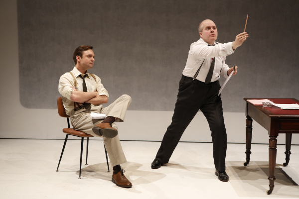Tom McHugh in the role of Screenwriter with Martin Miller as famed director Alfred Hitchcock in David Rudkin&#39;s The Lovesong of Alfred J. Hitchcock, directed by Jack McNamara, at 59E59 Theaters.  