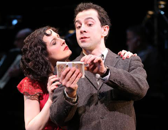 Jennifer Bowles as Irma and Rob McClure as Nestor in a scene from John Doyle&#39;s production of Irma La Douce at New York City Center.
