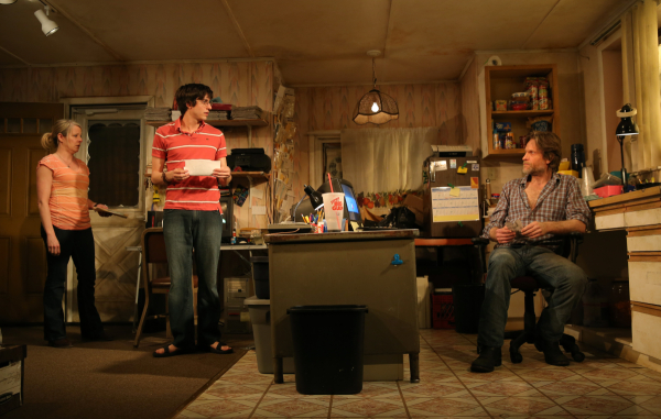 Tasha Lawrence, Gideon Glick, and Michael Laurence star in Samuel D. Hunter&#39;s The Few, directed by Davis McCallum, at Rattlestick Playwrights Theater.