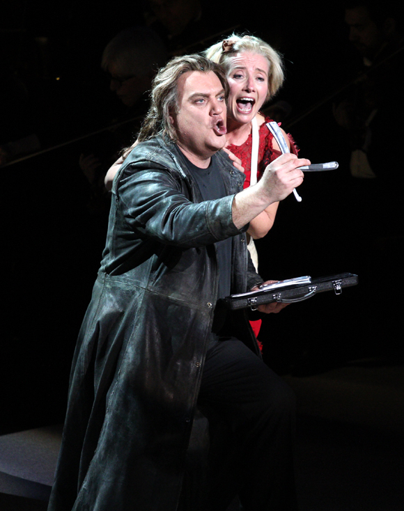 Bryn Terfel as the Demon Barber of Fleet Street and Emma Thompson as Mrs. Lovett in Sweeney Todd, directed by Lonny Price, at Avery Fisher Hall.