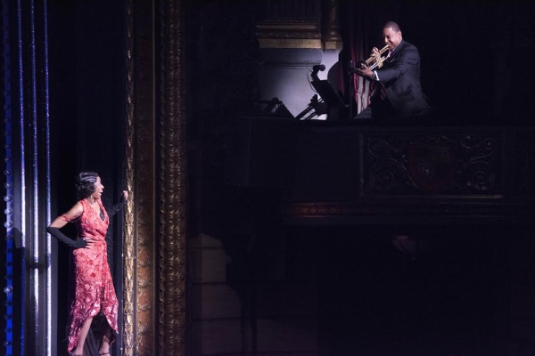 Current Tony nominee Adriane Lenox soaks in the moment as Wynton Marsalis shows off his trumpeting skills.