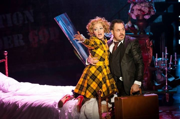 Mitchell Jarvis as Macheath with Erin Driscoll as his wife Polly Peachum in Signature Theatre&#39;s Threepenny Opera, directed by Matthew Gardiner. 