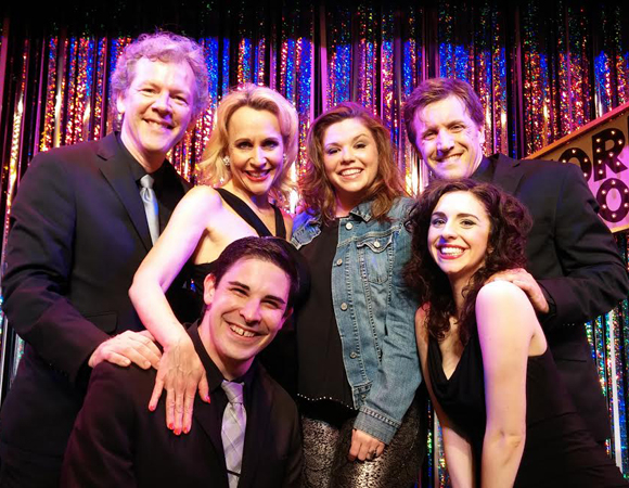 Marcus Stevens, David Caldwell, Carter Calvert, Mary Bridget Davies, Scott Richard Foster, and Mia Gentile on stage at Forbidden Broadway Comes Out Swinging!