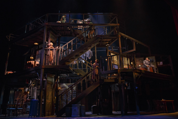 Beowulf Boritt&#39;s Tony-nominated set for Act One at Lincoln Center Theater is three stories tall, featuring a complicated series of stairs.