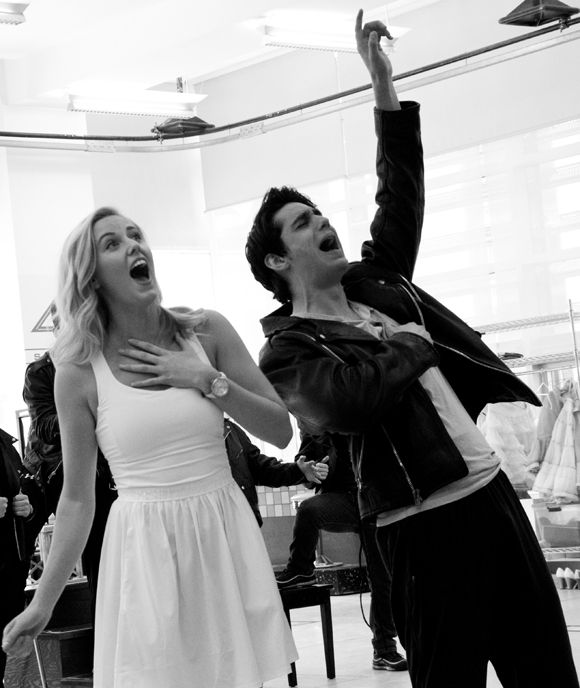Taylor Louderman (Sandy) and Bobby Conte Thornton (Danny) rehearse &quot;Summer Nights&quot; from Grease at the New 42nd Street Studios.
