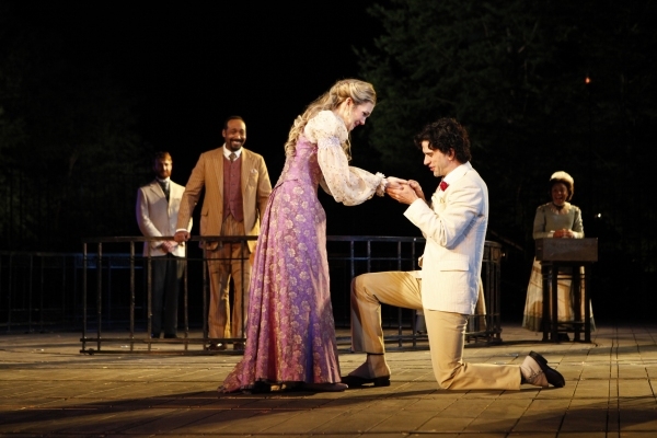Lily Rabe as Portia and Hamish Linklater as Bassanio in Daniel Sullivan&#39;s 2010 Shakespeare in the Park production of The Merchant of Venice.