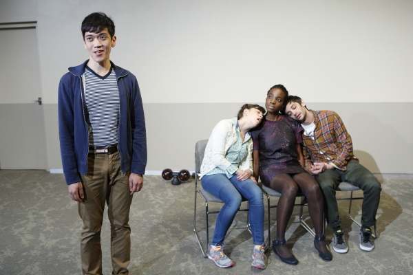 Moses Villarama, Susannah Flood, Rachel Christopher, and Dan Kublick in The Play Company&#39;s production of Toshiki Okada&#39;s The Sonic Life of a Giant Tortoise, directed by Dan Rothenberg, at Brooklyn&#39;s JACK.