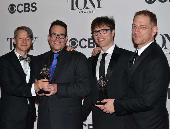 John Cameron Mitchell, Stephen Trask, and David Binder pose with Hedwig director Michael Mayer.
