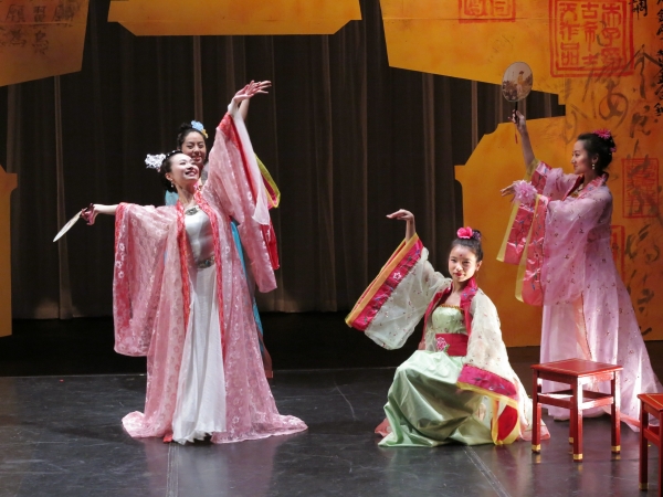 Ashley Liang (left) stars as Yu-Huan, with Ava Cheung, Alison T. Chi, and Lu Zhao as her sisters, in Yangtze Repertory Theatre&#39;s production of The Story of Yu-Huan, written and directed by Joanna Chan, at Theater for the New City.