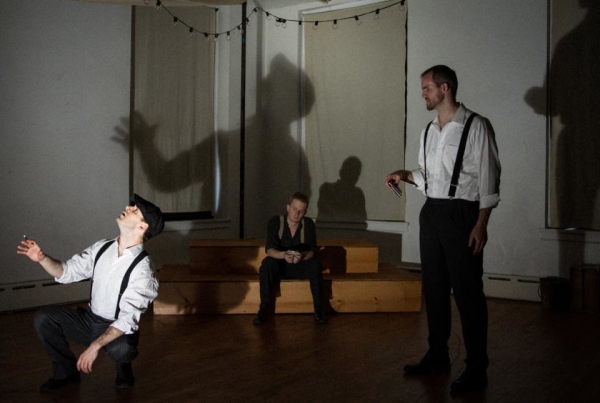 John C. Egan as The Ghost, with Brendan Spieth as Hamlet and Michael Markham as Claudius.