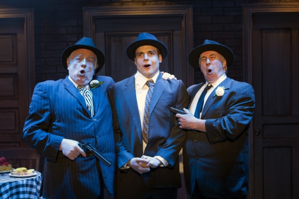 Fat Tony (Ed Dixon), Nick Cutter (Doug Carpenter), and Gino (Christopher Bloch) sing &quot;Who Put the Mob In&quot; in Cloak and Dagger, playing at Signature Theatre through July 6.