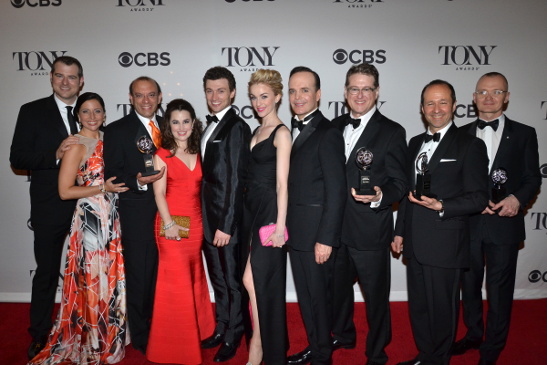 The cast and creative team behind A Gentleman&#39;s Guide to Love and Murder with their newly won Tony Awards.