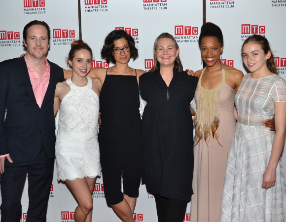 Playwright Sarah Treem (center) joins her cast for an opening night photo.