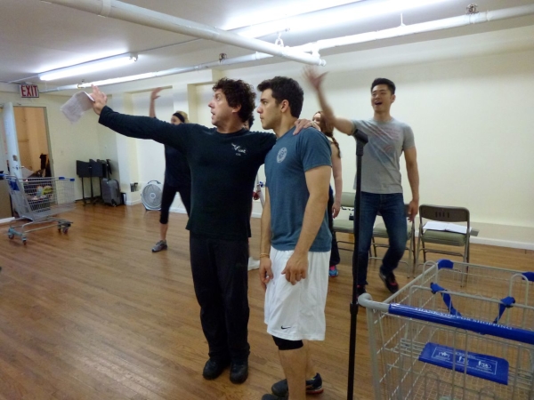 Christopher Sutton, David Spadora, and Karl Josef Co rehearse a scene from Rowen Casey&#39;s Valueville, directed by Donna Lynne Champlin, for the New York Musical Theatre Festival.