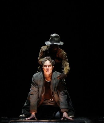 Michael Shannon as Berenger and Ryan Quinn as The Killer in Theatre for a New Audience&#39;s production of Eugène Ionesco&#39;s The Killer, directed by Darko Tresnjak, at Brooklyn&#39;s Polonsky Shakespeare Center.