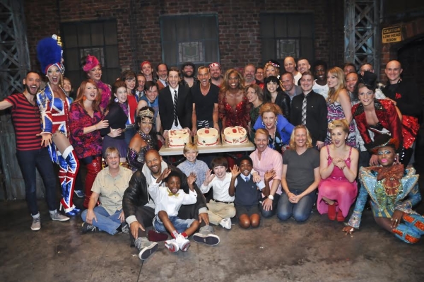 The cast of Kinky Boots gathers backstage at the Al Hirschfeld Theatre on June 19.