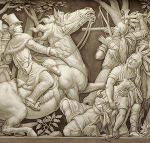 The death of Tecumseh is depicted on the Frieze of American History that surrounds the United States Capitol rotunda.