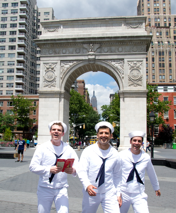 Jay Armstrong Johnson, Tony Yazbeck, and Clyde Alves hit Washington Square Park as they film a promo video for the upcoming Broadway revival of On the Town.