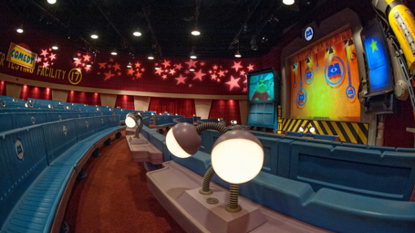 Monsters, Inc. Laugh Floor takes the form of a futuristic comedy club, in which the characters on screen interact with the audience. 