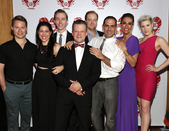 The cast of Atomic: Randy Harrison, Alexis Fishman, James David Larson, Jeremy Kushnier, David Abeles, Jonathan Hammond, Sara Gettelfinger, and Grace Stockdale.