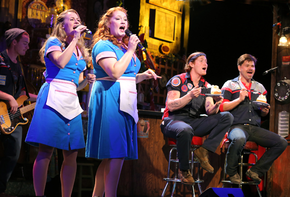 Mamie Parris, Katie Thompson, Jordan Dean, and Hunter Foster in Pump Boys and Dinettes, directed by Lear deBessonet, at New York City Center Encores! Off-Center.