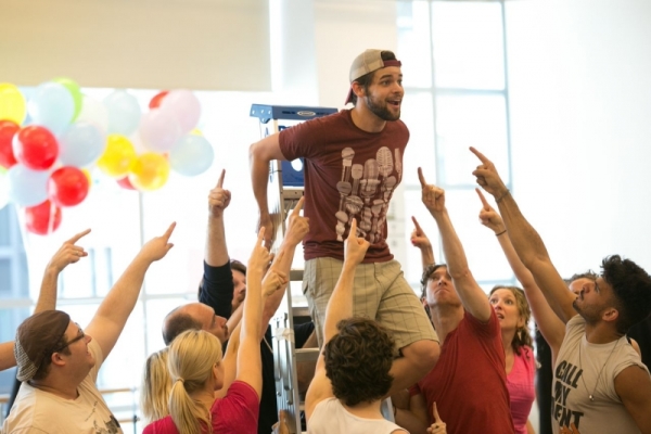 Jeremy Jordan and the cast of Finding Neverland in rehearsal at the American Repertory Theater.