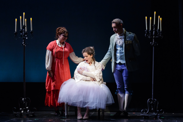 Rachel Stern, Briana Carlson-Goodman, and Xalvador Tin-Bradbury star in Madame Infamy, directed by Carlos Armesto, at the Pershing Square Signature Center as part of the 2014 New York Musical Theatre Festival.