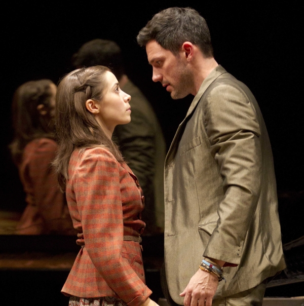 Steve Kazee and Cristin Milioti as Guy and Girl in Once, directed by John Tiffany, at the Broadway&#39;s Bernard B. Jacobs Theatre.