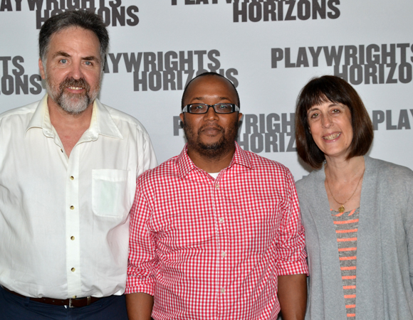 Bootycandy playwright/director Robert O&#39;Hara (center) with Playwrights Horizons Artistic Director Tim Sanford (left) and Managing Director Leslie Marcus (right).