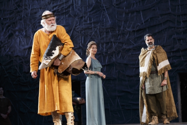 John Lithgow as Lear, Annette Bening as Goneril, and Christopher Innvar as Duke of Albany in The Public Theater's free Shakespeare in the Park production of King Lear, directed by Daniel Sullivan, at the Delacorte Theater in Central Park.