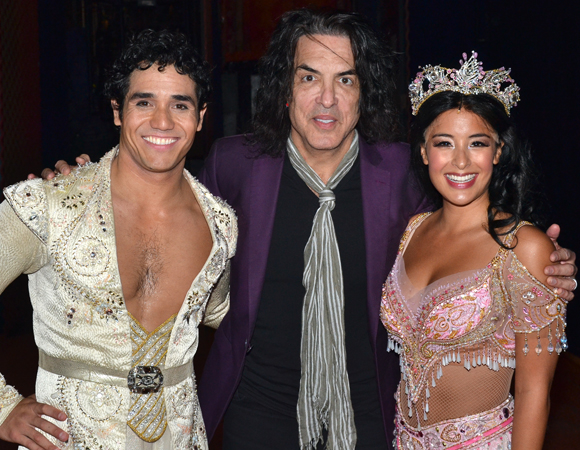 Kiss front man Paul Stanley (center) with Aladdin stars Adam Jacobs and Courtney Reed.