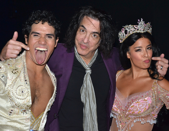 Aladdin stars Adam Jacobs and Courtney Reed show off their Kiss faces for Paul Stanley.