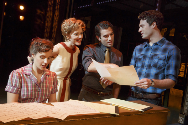 Jessie Mueller, Anika Larson, Jarrod Spector, and Jake Epstein in a scene from Broadway&#39;s Beautiful – The Carole King Musical.