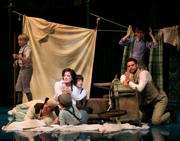 Laura Michelle Kelly (center) and Jeremy Jordan (right) lead the cast of the new musical Finding Neverland at the American Repertory Theater.