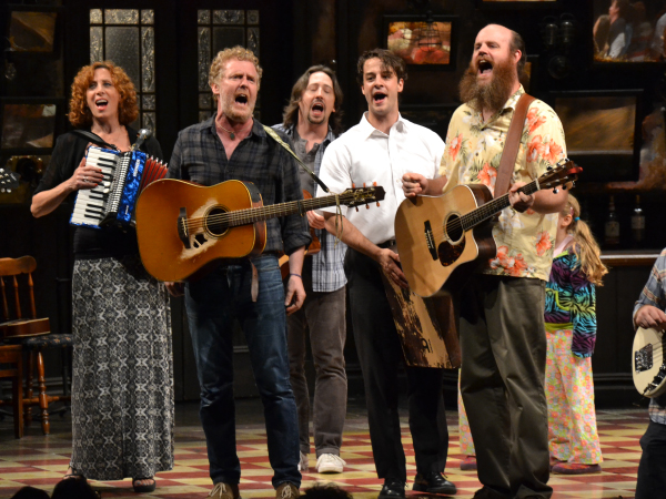 Glen Hansard (second from left) and cast members from Once perform a special encore in honor of the show&#39;s 1,000th performance on Broadway.