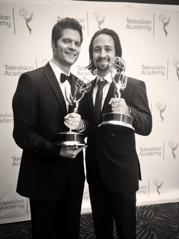 Tom Kitt and Lin-Manuel Miranda with their Emmy Awards for Outstanding Music and Lyrics.