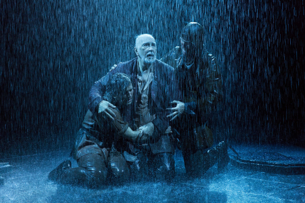 Harry Melling as Fool, Frank Langella as Lear, and Steven Pacey as Kent in the 2014 Brooklyn Academy of Music revival of King Lear, directed by Angus Jackson.