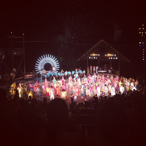 Curtain call for the Public Works&#39; Shakespeare in the Park production of The Tempest, written by Todd Almond and directed by Lear deBessonet, at the Delacorte Theater in 2013.
