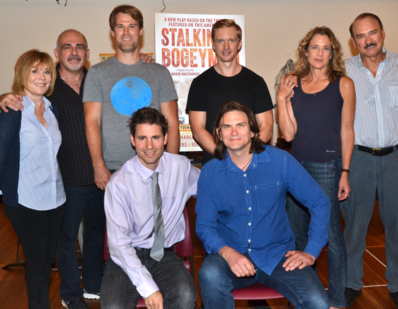 The cast of Stalking the Bogeyman (standing, clockwise): Roxanne Hart, John Herrera, Erik Heger, Roderick Hill, Kate Levy, and Murphy Guyer, with director Marcus Potter and David Holthouse, whose story inspired the new play.