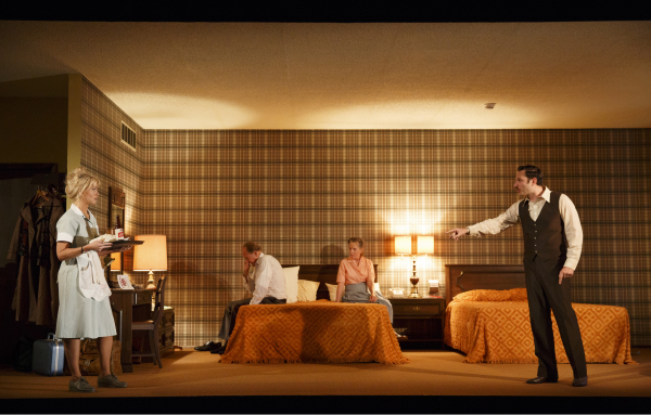 Jenn Lyon as Sharon, Jon DeVries as Frank, Lizbeth MacKay as Jessie, and Quincy Dunn-Baker as Ray in Signature Theatre&#39;s production of A.R. Gurney&#39;s The Wayside Motor Inn, directed by Lila Neugebauer, at the Pershing Square Signature Center.