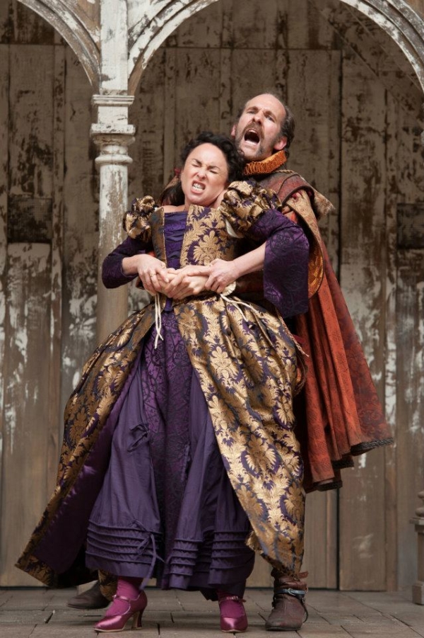 Samantha Spiro as Katherina and Simon Paisley Day as Petruchio on The Taming of the Shrew, directed by Toby Frow.