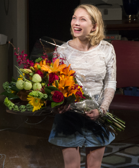 Tavi Gevinson receives a big bouquet of flowers upon taking her opening-night bow in Anna D. Shapiro&#39;s revival of Kenneth Lonergan&#39;s This is Our Youth at the Cort Theatre.