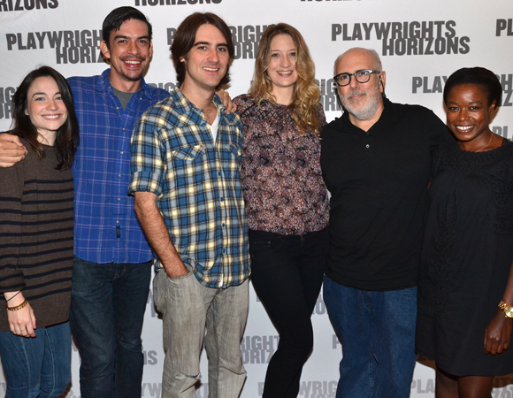 Director Kip Fagan and playwright Heidi Schreck (center) with the cast of Schreck&#39;s play Grand Concourse.