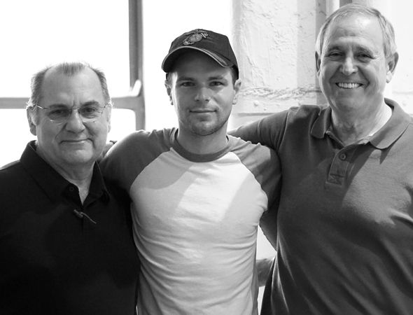 Jonny Orsini (center) with actor Joe Lisi (left) and playwright Walter Anderson (right) at a rehearsal for Almost Home.