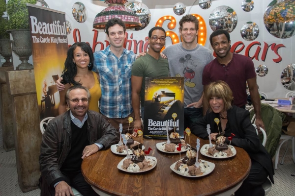Beautiful songwriters Barry Mann and Cynthia Weil (seated) with cast members (standing clockwise) Ashley Blanchet, Jake Epstein, E. Clayton Cornelious, Joshua Davis, and Alan Wiggins.