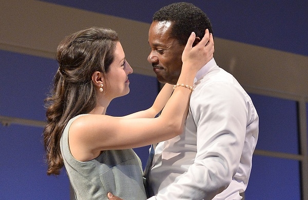 Meredith Forlenza and Malcolm-Jamal Warner in Todd Kreidler's Guess Who&#39;s Coming to Dinner, directed by David Esbjornson, at Huntington Theatre Company.